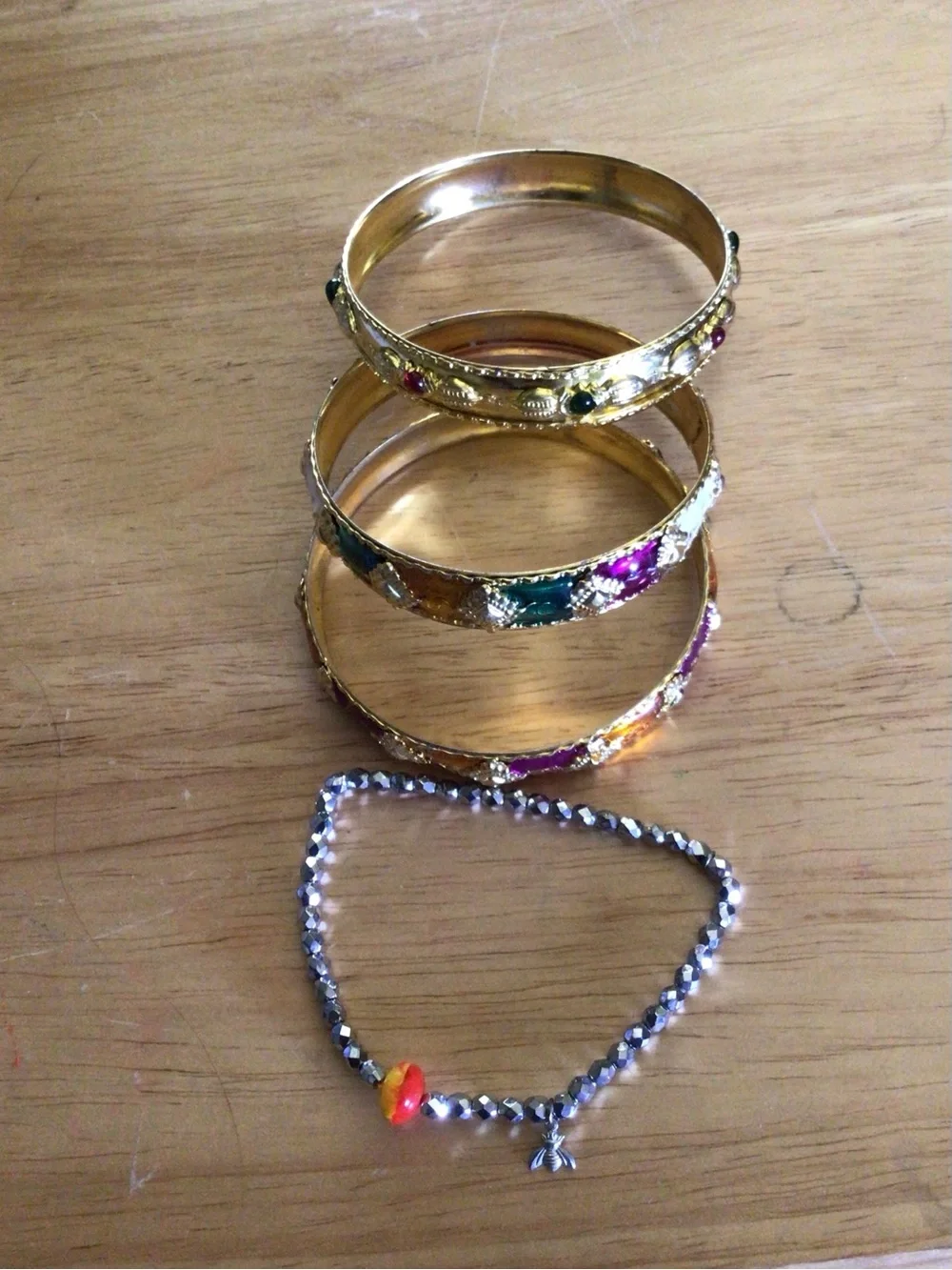 Gold Tone Multicolor Enamel Bangles and Silver Bead Bracelet Set